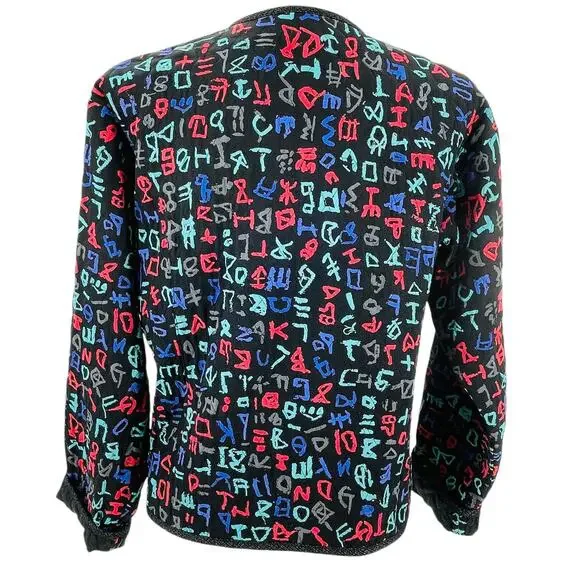 Bets by Canvasbacks Vintage 90s Black Colorful Print Quilted Button Jacket S - Picture 3 of 15